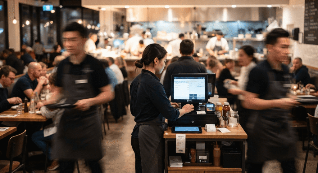 A busy restaurant interior with motion blur showing staff moving around the foreground and tables on either side. In the center, a focused Asian female cashier faces a digital point-of-sale screen on a wooden counter, while an open kitchen is visible in the background with staff preparing food.