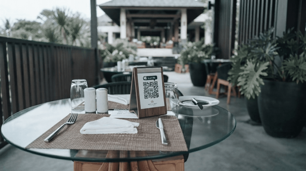 A close-up photograph of a round, glass-topped dining table on an outdoor restaurant patio. The table is set for two with woven placemats, white folded napkins, silverware, water glasses, and salt and pepper shakers. Centered on the table is a wooden standee holding a menu card with a prominent "Scan Me" QR code.